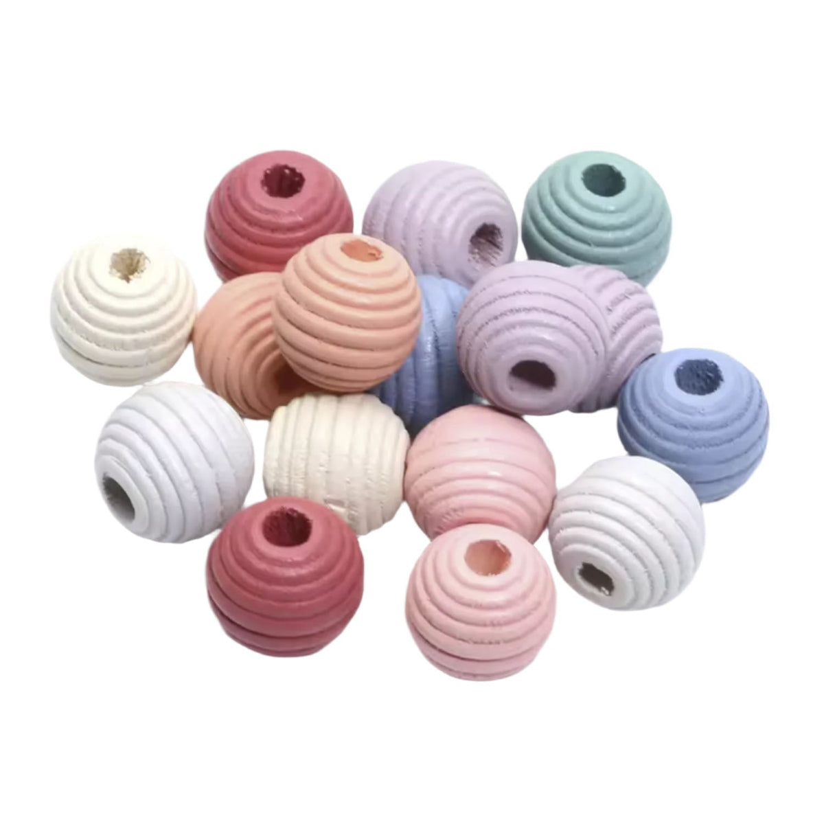 Round Grooved Wooden Beads Pastel Stripe 12-18mm – 30pcs 14mm Pastel, 10pcs 20mm Pastel