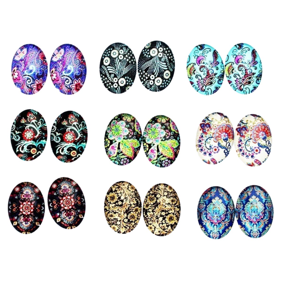 Oval Mixed Retro Flowers Glass Cabochons 13x18mm