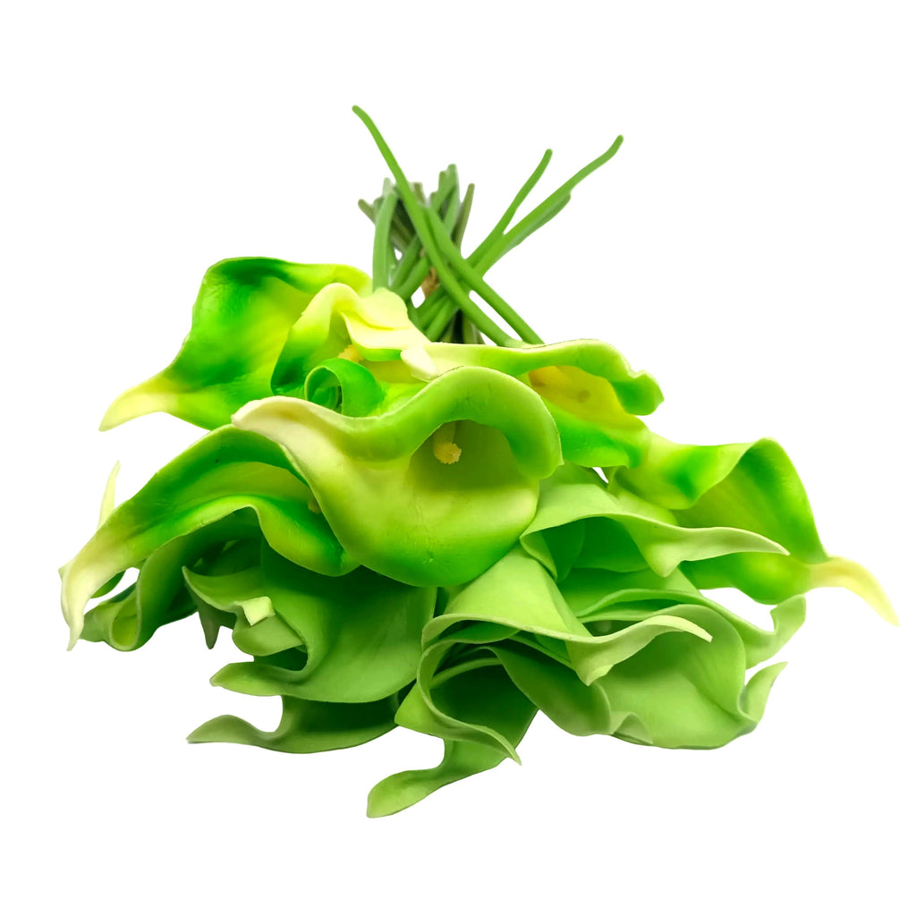 Artificial Lilies 36cm Green Shades Flexible Stem 19 Pieces – A bouquet of artificial green calla lilies with stems, arranged on a white surface.