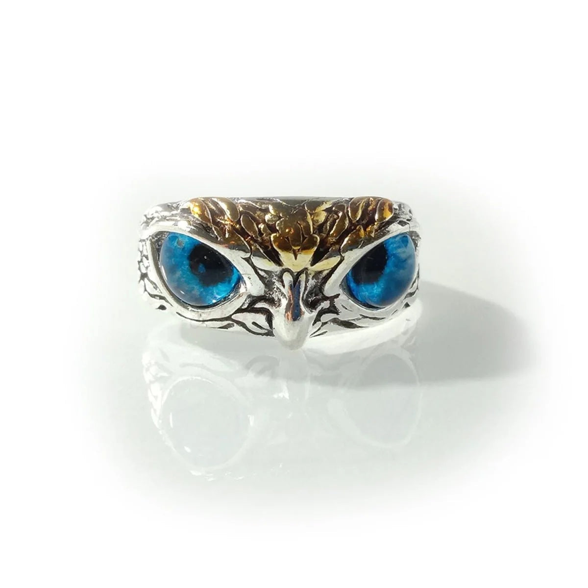 Adjustable Owl Ring with Rhinestone Eyes, Silver Alloy