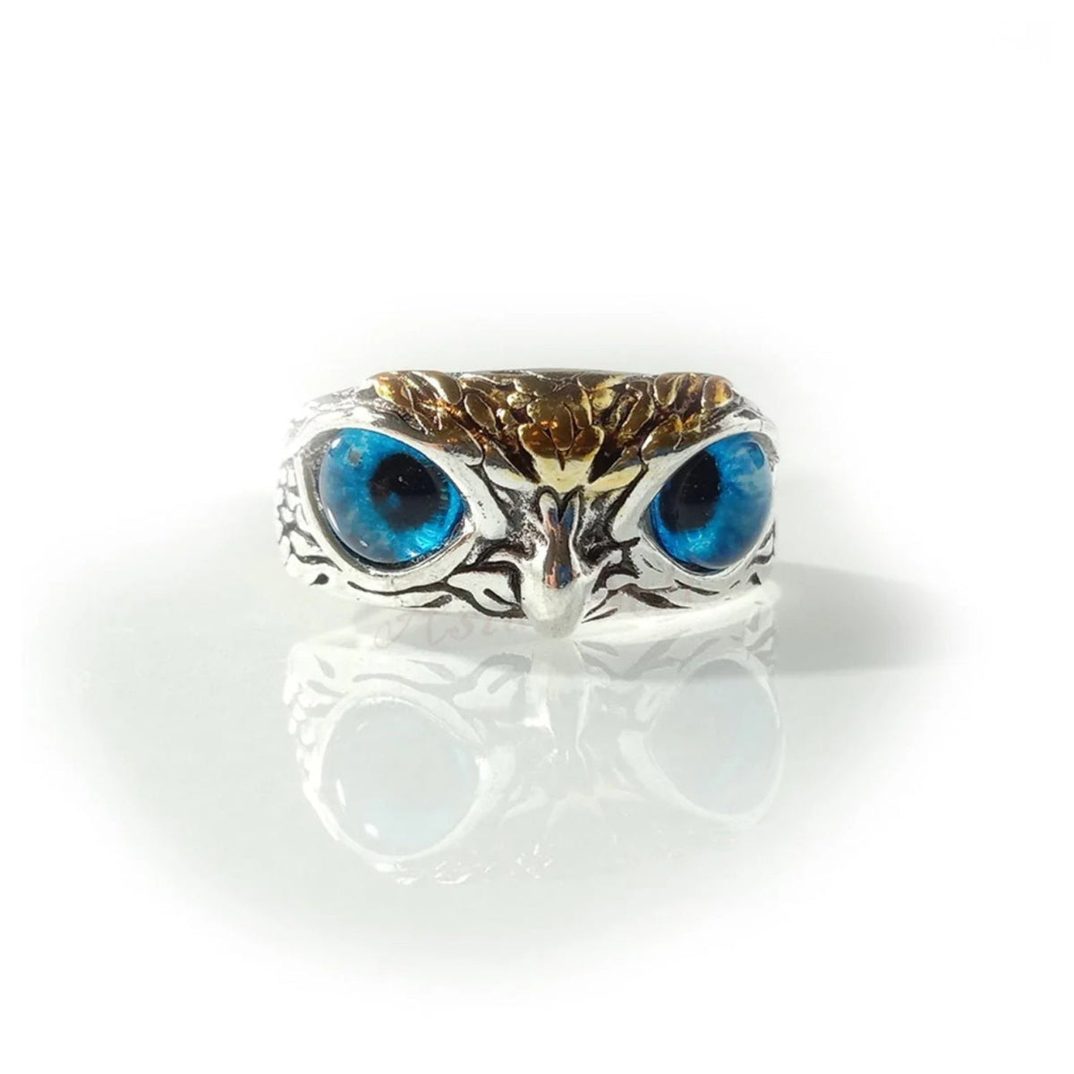 Adjustable Owl Ring with Rhinestone Eyes, Silver Alloy