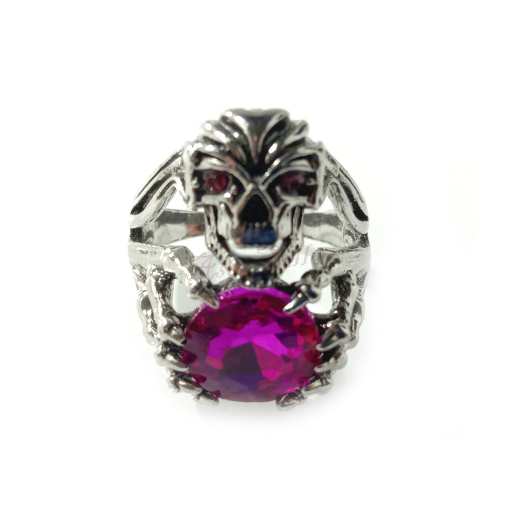 Skull Ring with Pink Stones, Silver Colour, Sizes 8-12