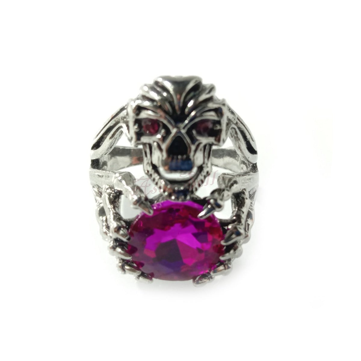 Skull Ring with Pink Stones, Silver Colour, Sizes 8-12
