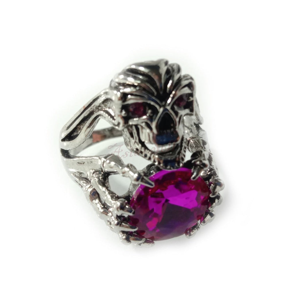 Skull Ring with Pink Stones, Silver Colour, Sizes 8-12 – 8, 9, 10, 11, 12