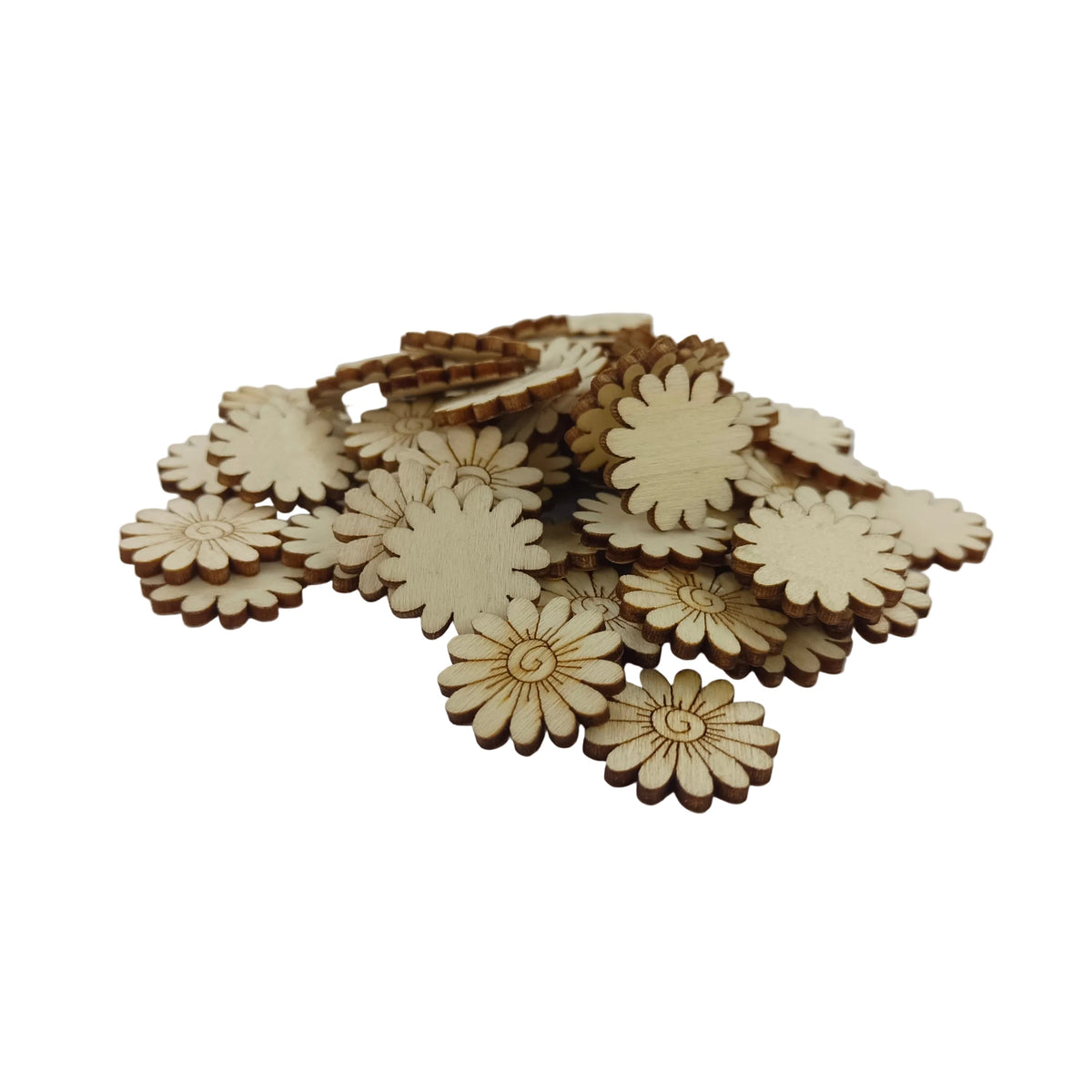20mm Wood Sunflower Embellishments – A pile of small laser-cut wooden daisy-shaped embellishments on a plain white surface.