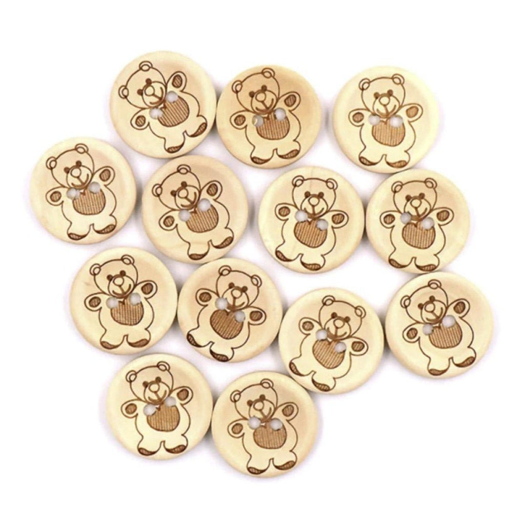 200pcs Wooden Buttons 15mm-25mm 2-Holes Teddy Pattern Round