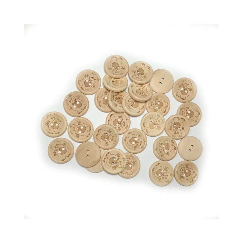 200pcs Wooden Buttons 15mm-25mm 2-Holes Teddy Pattern Round
