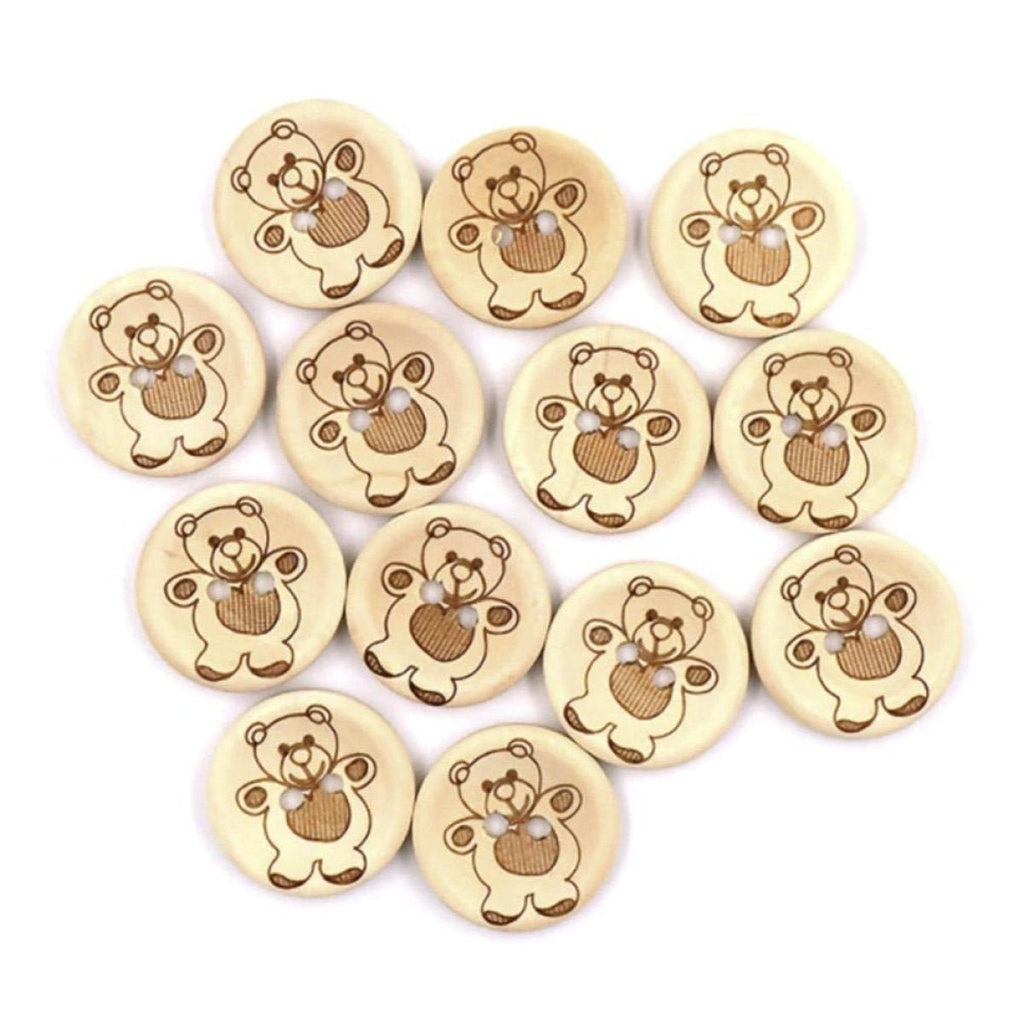 200pcs Wooden Buttons 15mm-25mm 2-Holes Teddy Pattern Round