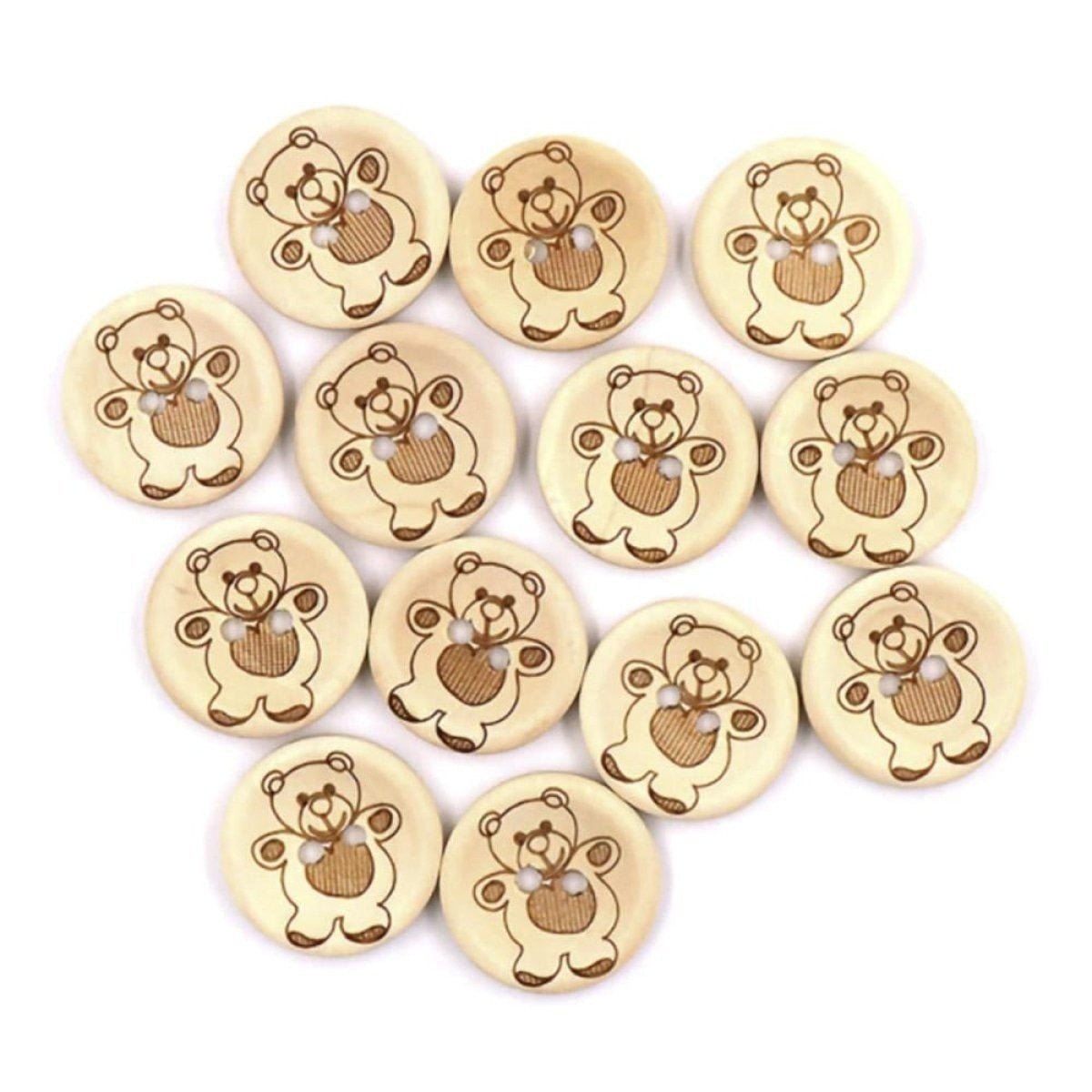 200pcs Wooden Buttons 15mm-25mm 2-Holes Teddy Pattern Round