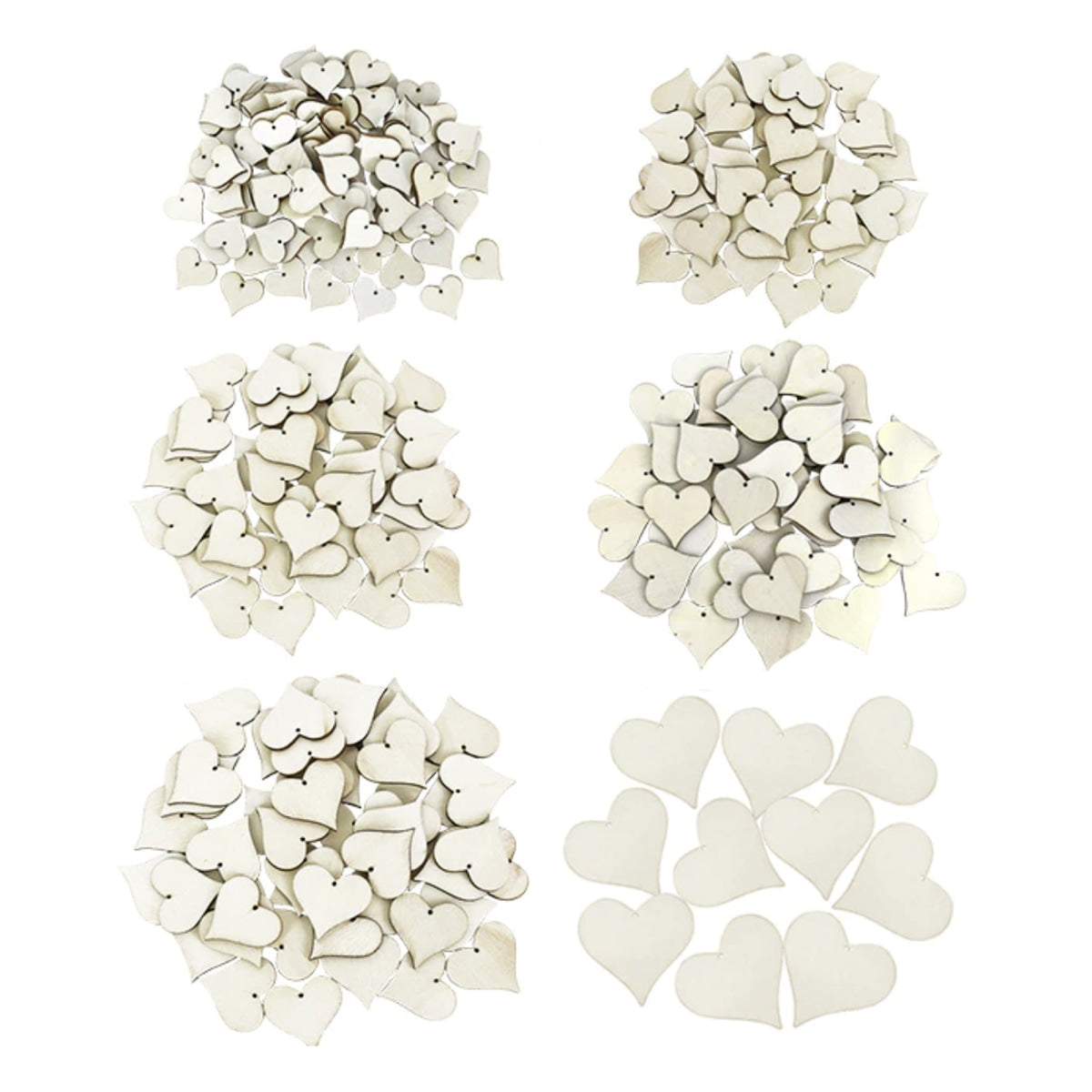 Wooden Hearts with Thread Holes 10mm-60mm – 20mm - 100pcs, 30mm - 50pcs, 40mm - 25pcs, 50mm - 25pcs, 60mm - 25pcs