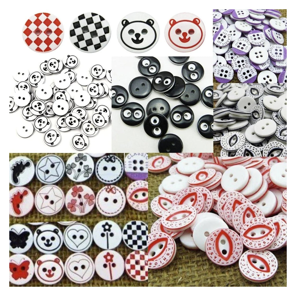 12.5mm 2/4 Hole Mixed Colour Buttons 20pcs – Collage of various buttons with different designs and colors.