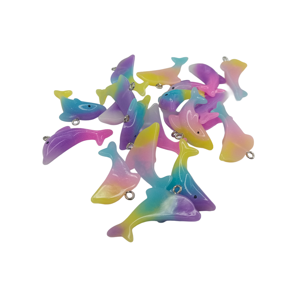 20pcs Gradient Dolphin Charms for DIY Necklace Bracelet – Colorful dolphin-shaped toys on a white background