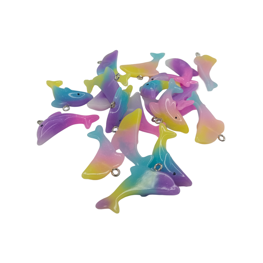 20pcs Gradient Dolphin Charms for DIY Necklace Bracelet – Colorful shark-shaped charms on a white background