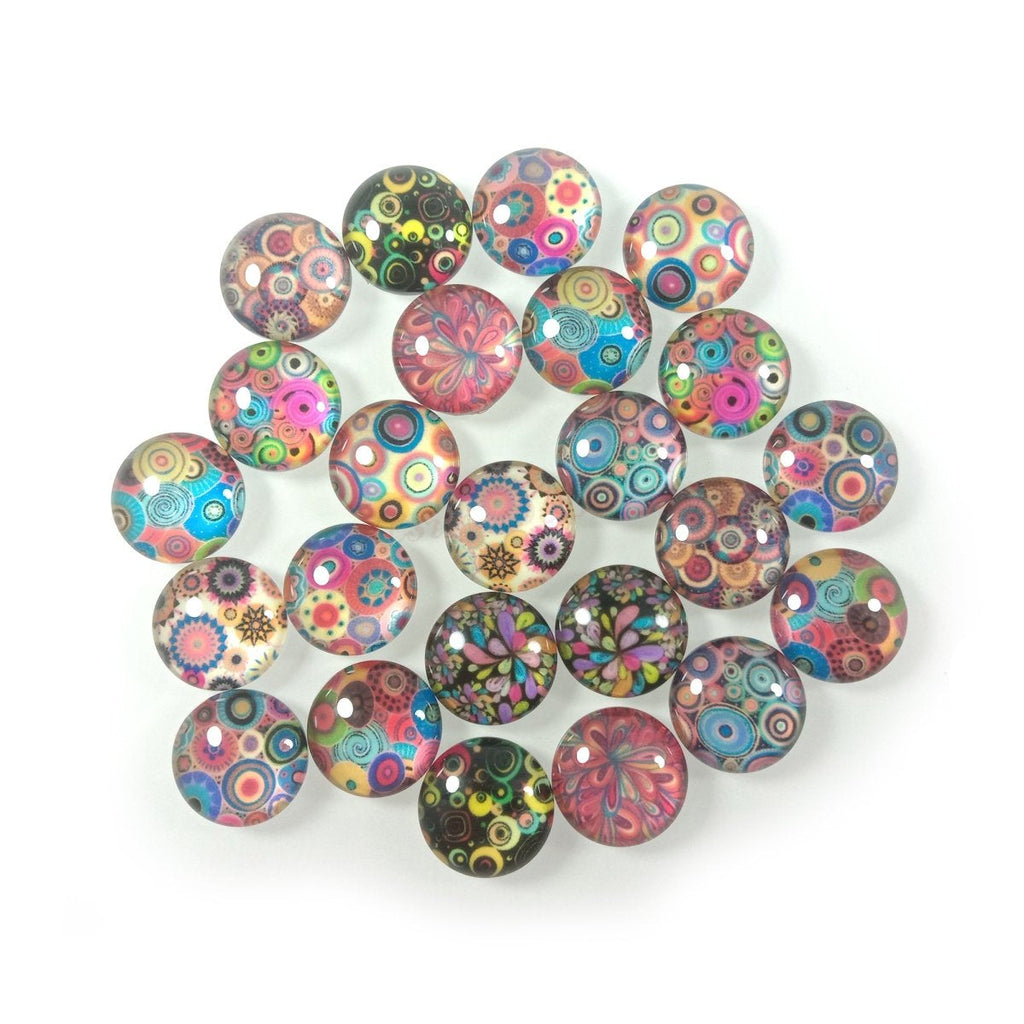 24 Psychedelic Colourful Mandala Glass Cabochons 12mm 14mm 16mm