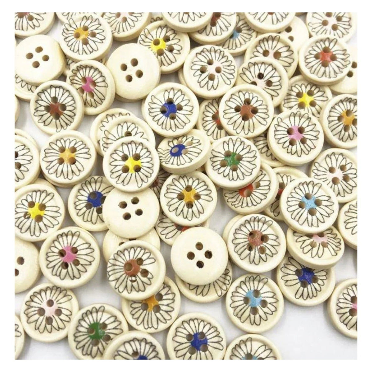 25 Wooden Daisy Flower Buttons 15mm 4-Hole Natural Colour