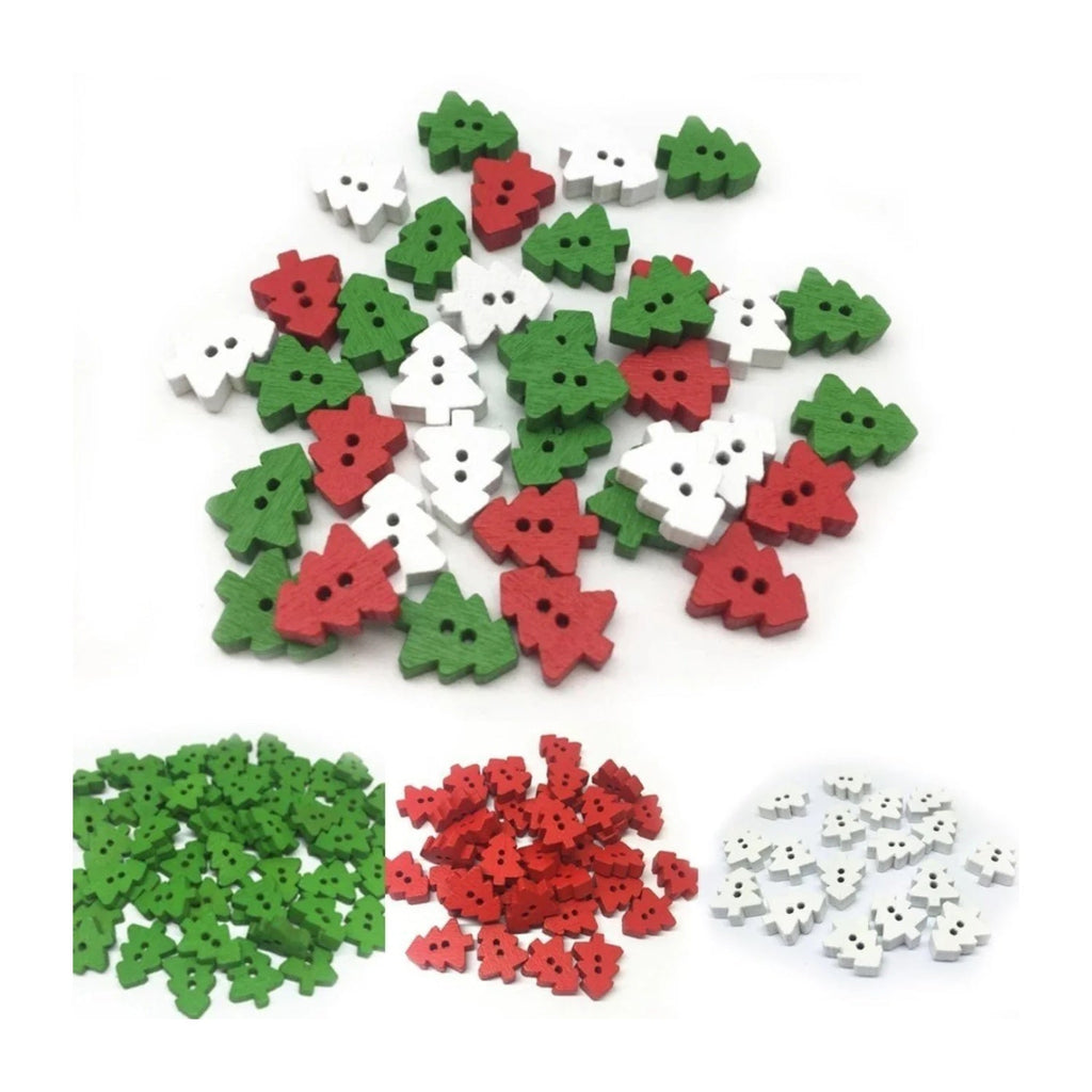 25pcs Christmas Tree Buttons Red Green White Wood 2 Holes