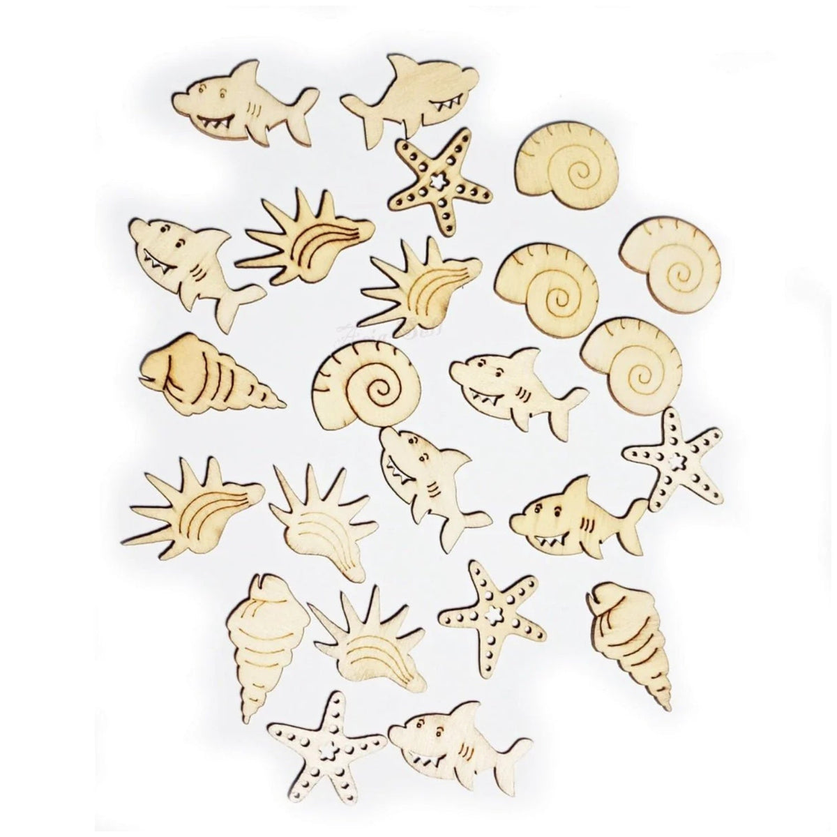25pcs Wooden Sea Animal Craft Pieces – Shark, Starfish, Clam, Seashell