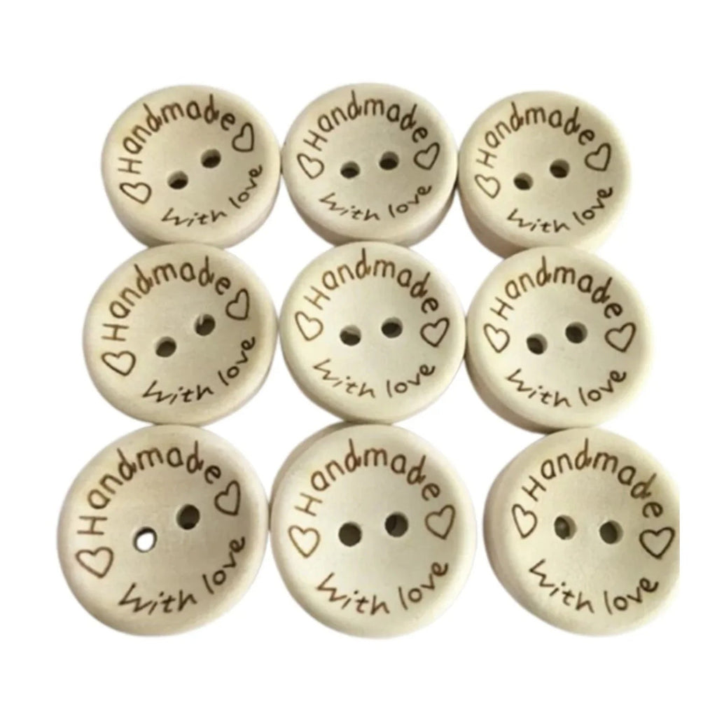 25pcs Wooden 2-Hole Buttons – Handmade Love Round – 15mm "Handmade with Love"