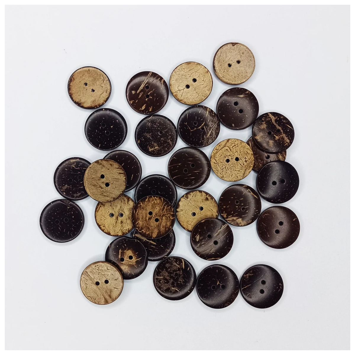 25pcs 2 Holes Coconut Shell Round Wooden Buttons 25mm – Collection of coconut shell buttons in various shades on a white background