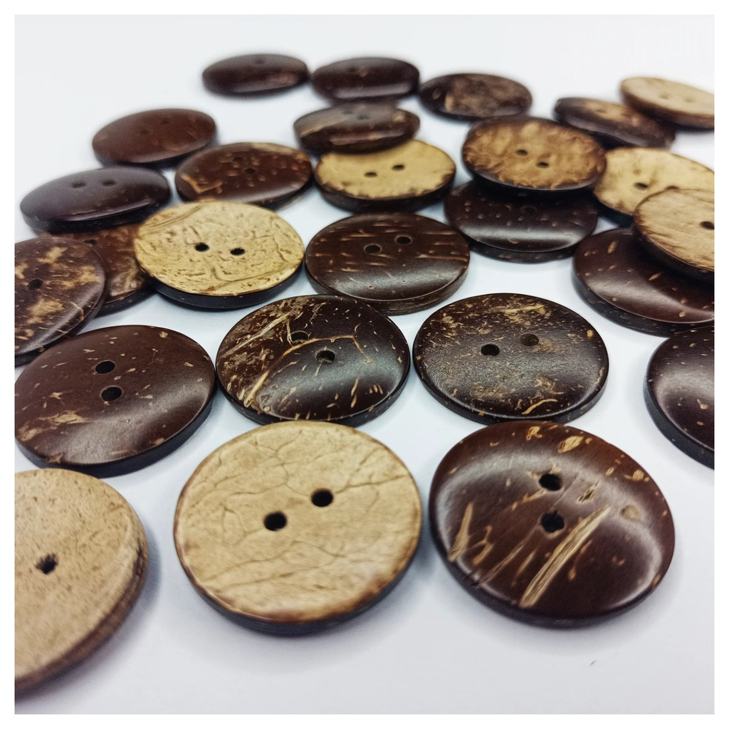 25pcs 2 Holes Coconut Shell Round Wooden Buttons 25mm – Collection of coconut shell buttons in various shades on a white background