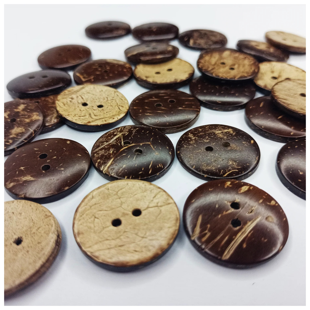 25pcs 2 Holes Coconut Shell Round Wooden Buttons 25mm – Collection of coconut shell buttons in various shades on a white background