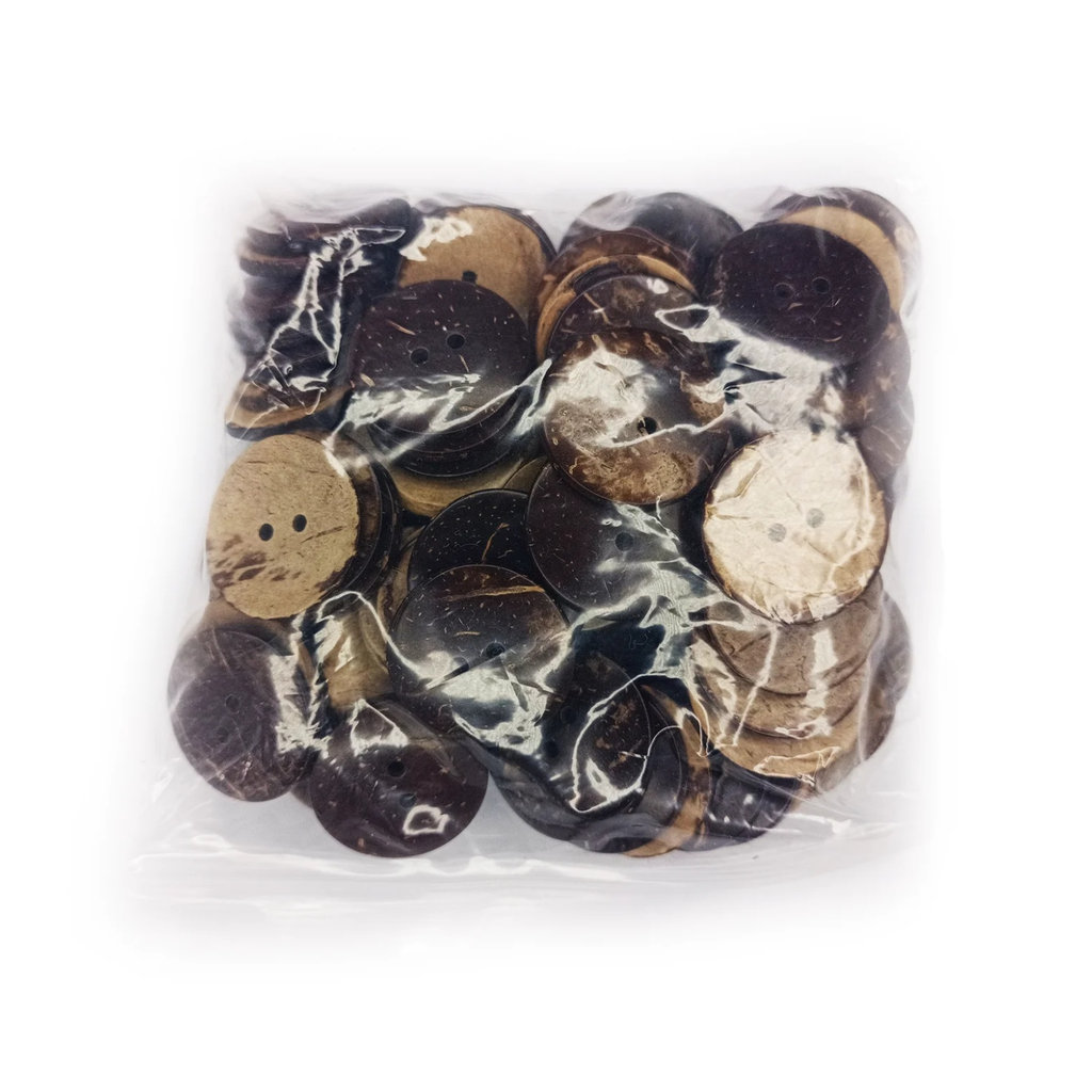 25pcs 2 Holes Coconut Shell Round Wooden Buttons 25mm – Pack of marbled brown and black buttons on a white background