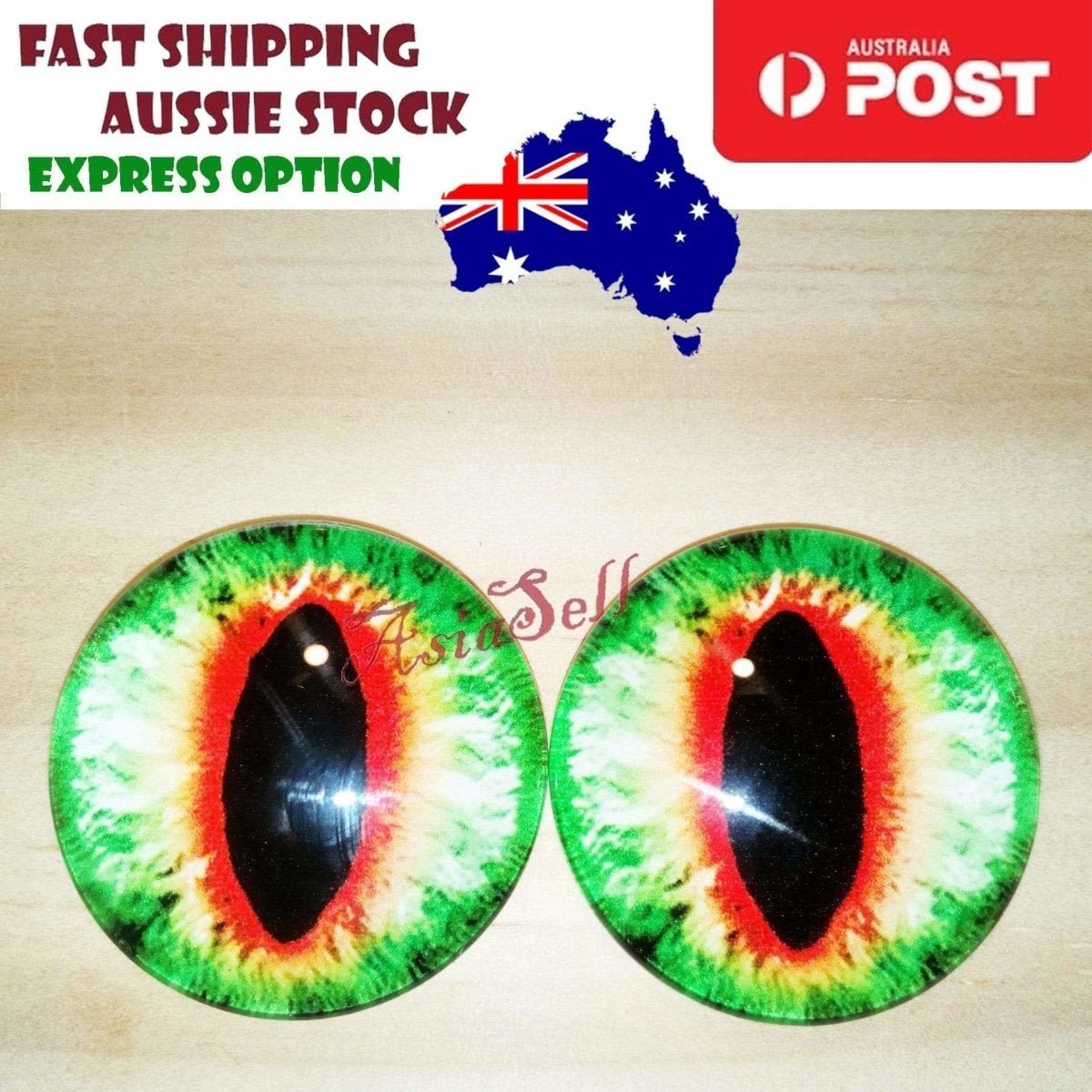2pcs 30mm Round Glass Eyes for Cats, Dolls, Toys, Dinosaur – Green & Red Oval