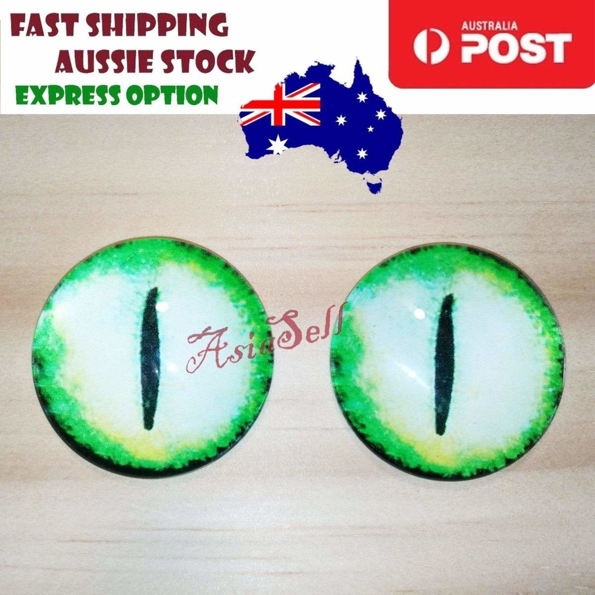 2pcs 30mm Round Glass Eyes for Cats, Dolls, Toys, Dinosaur – Green & White Slit