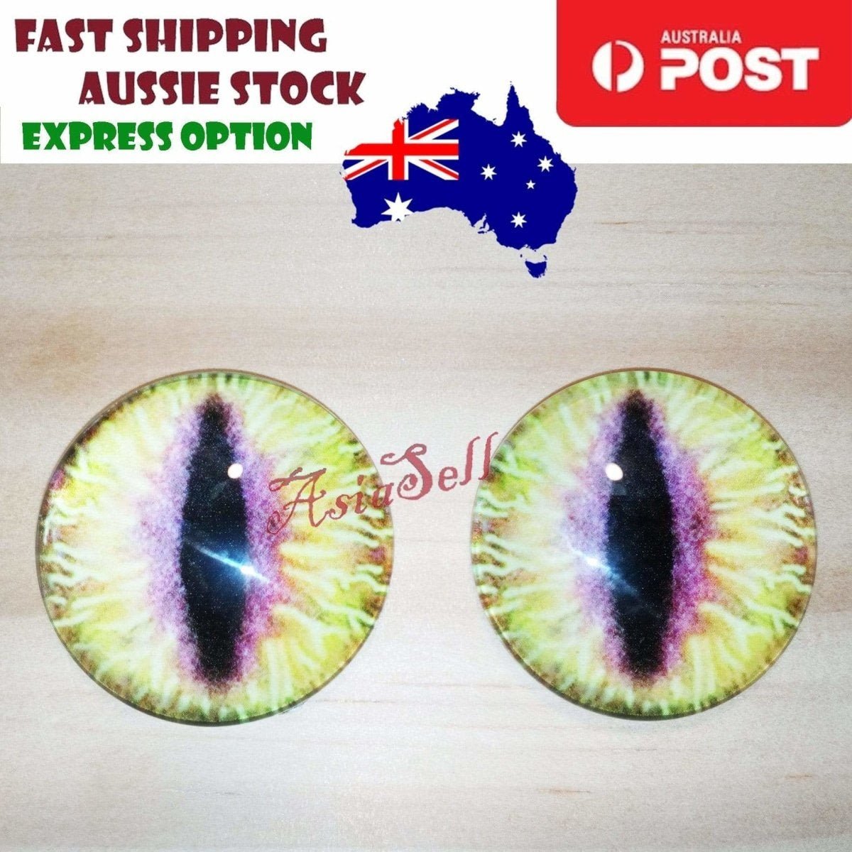 2pcs 30mm Round Glass Eyes for Cats, Dolls, Toys, Dinosaur – Green Yellow Purple Narrow