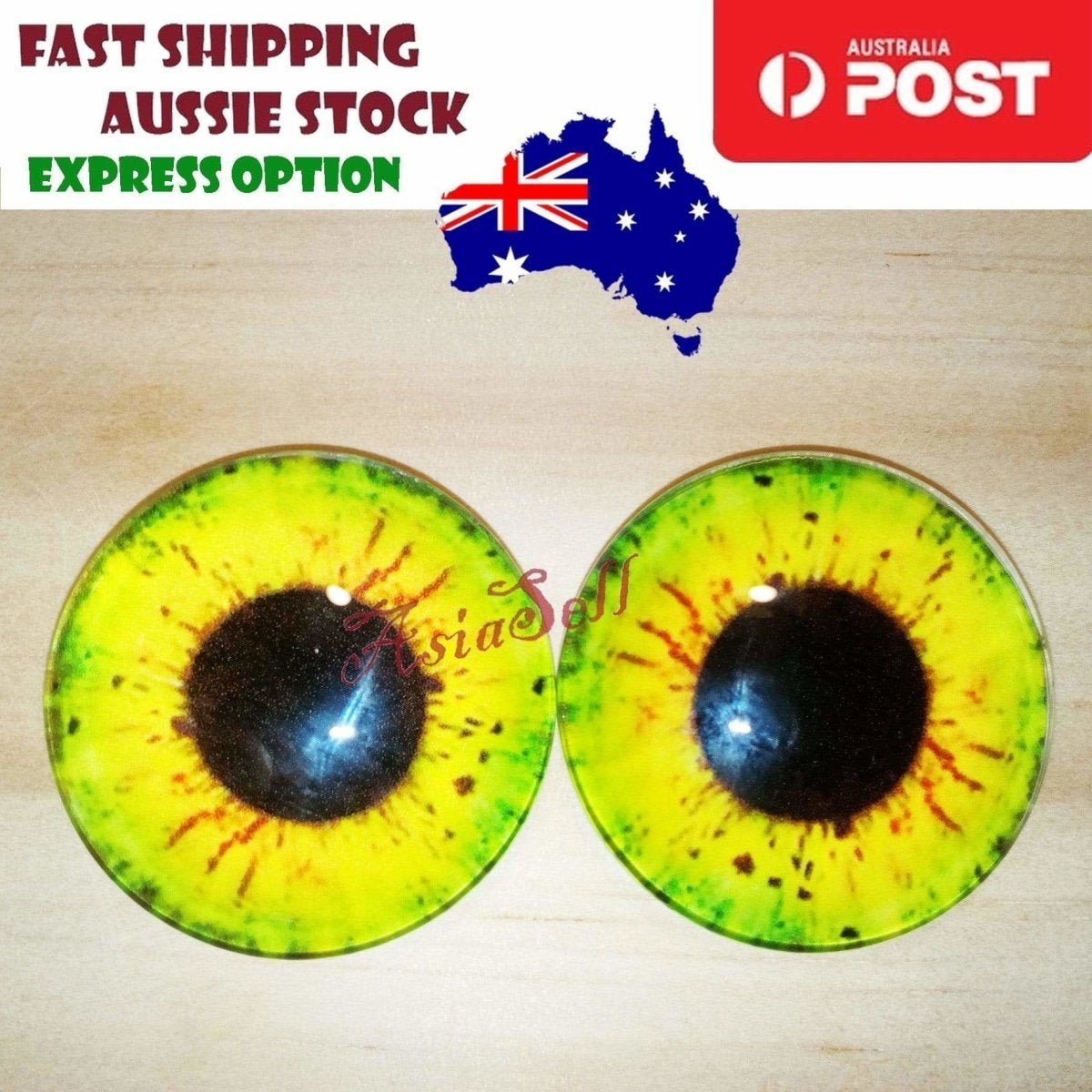 2pcs 30mm Round Glass Eyes for Cats, Dolls, Toys, Dinosaur – Green & Yellow Round
