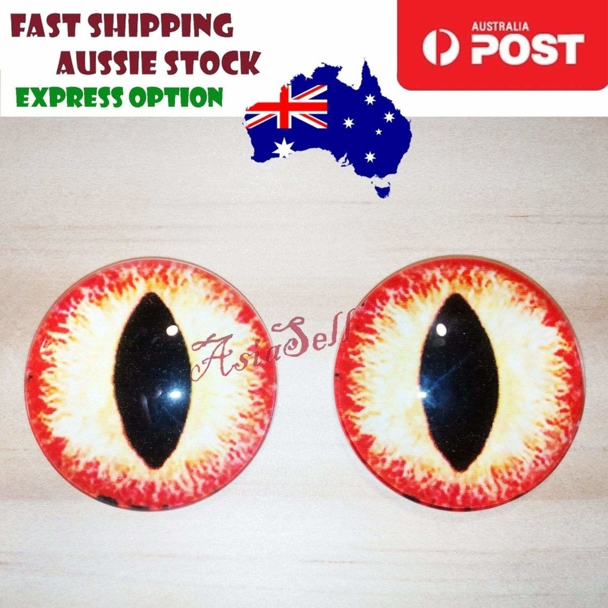 2pcs 30mm Round Glass Eyes for Cats, Dolls, Toys, Dinosaur – Red & Yellow Oval