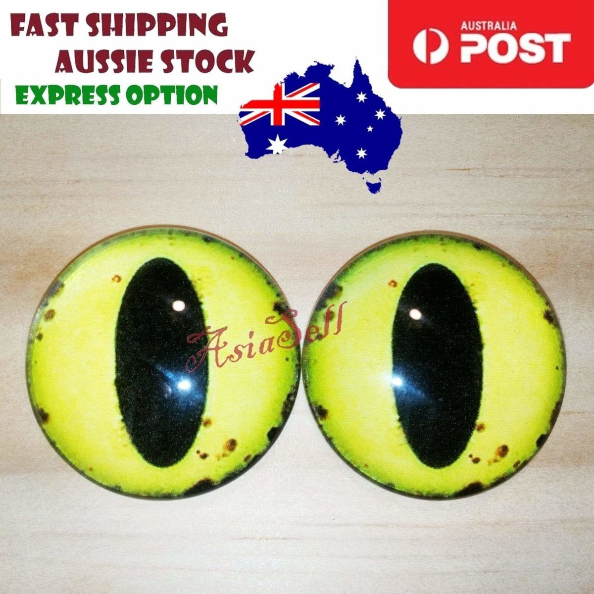 2pcs 30mm Round Glass Eyes for Cats, Dolls, Toys, Dinosaur – Yellow Black Spots Oval