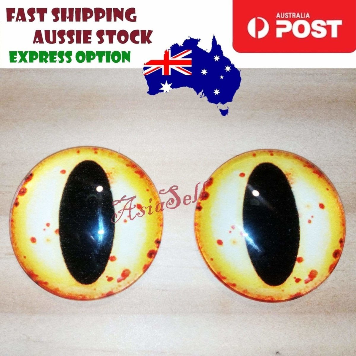 2pcs 30mm Round Glass Eyes for Cats, Dolls, Toys, Dinosaur – Yellow Red Spots Oval