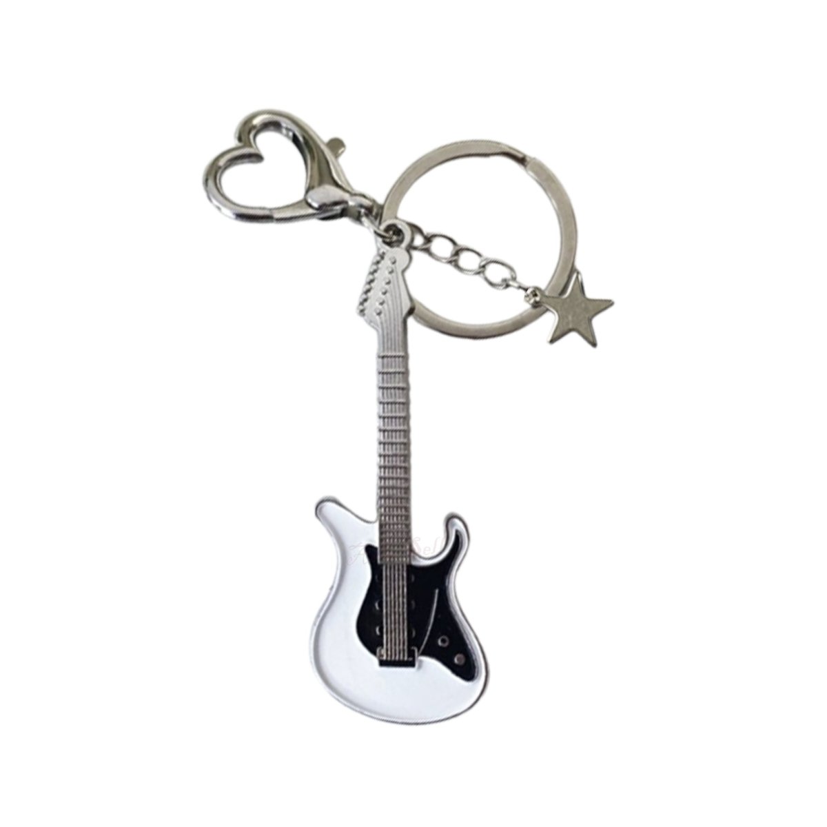 30mm Guitar Keyring 7.5cm Zinc Alloy Key Chain – White Black Star Heart