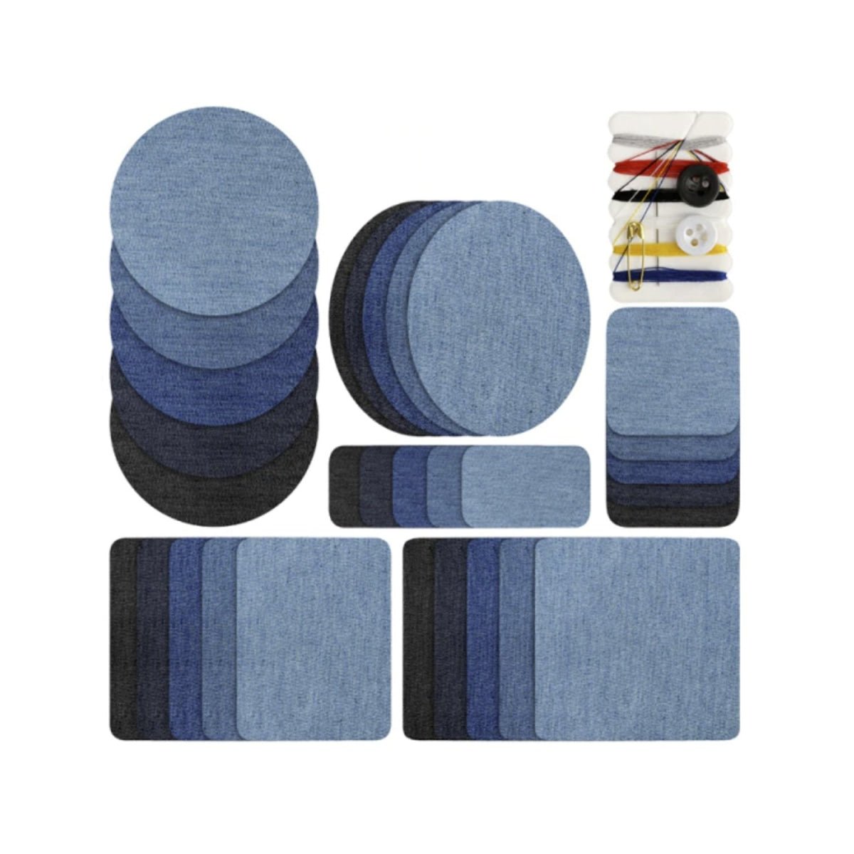 30pcs Iron-On Fabric Patches – Blue & Black, Round & Rectangular – Set A