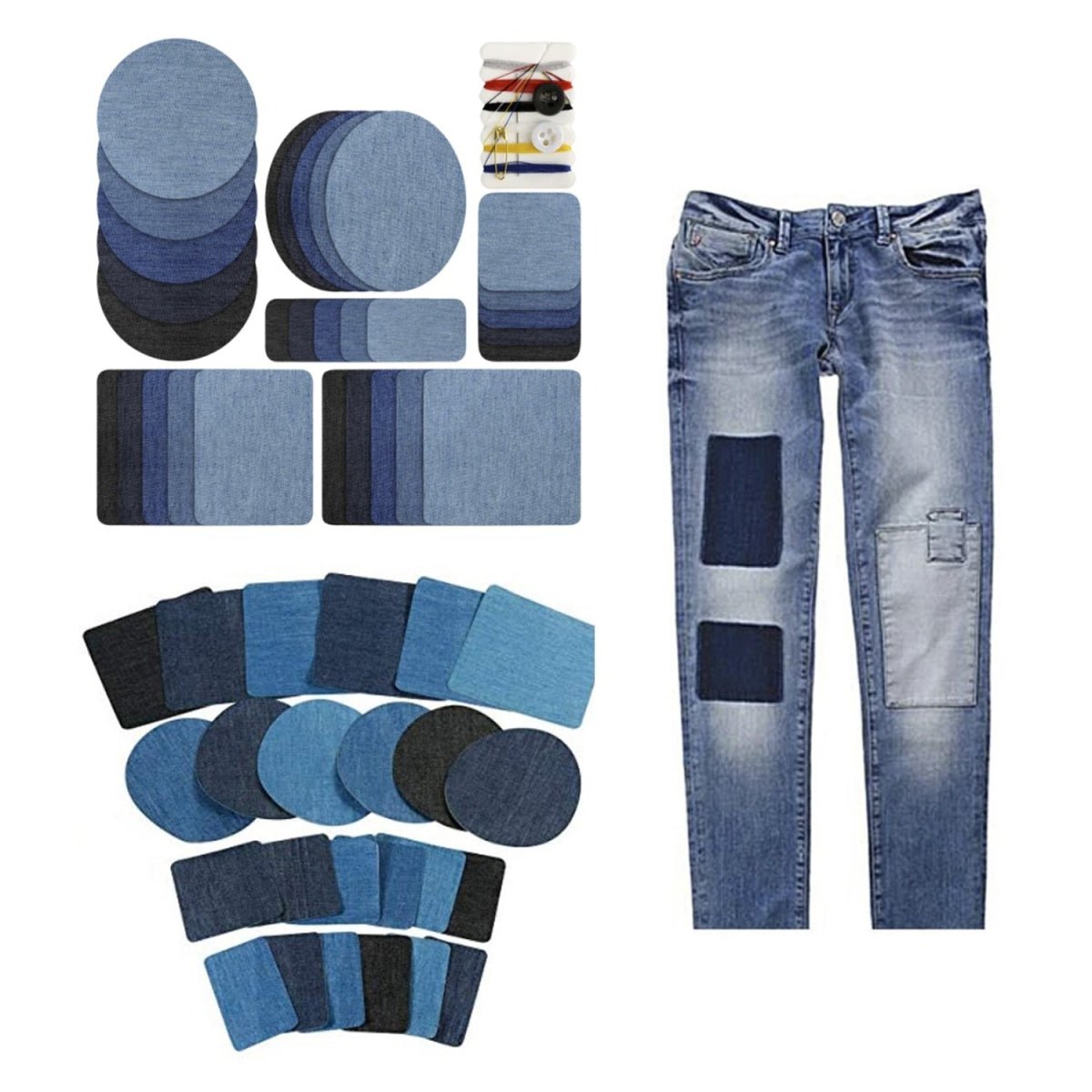 30pcs Iron-On Fabric Patches – Blue & Black, Round & Rectangular