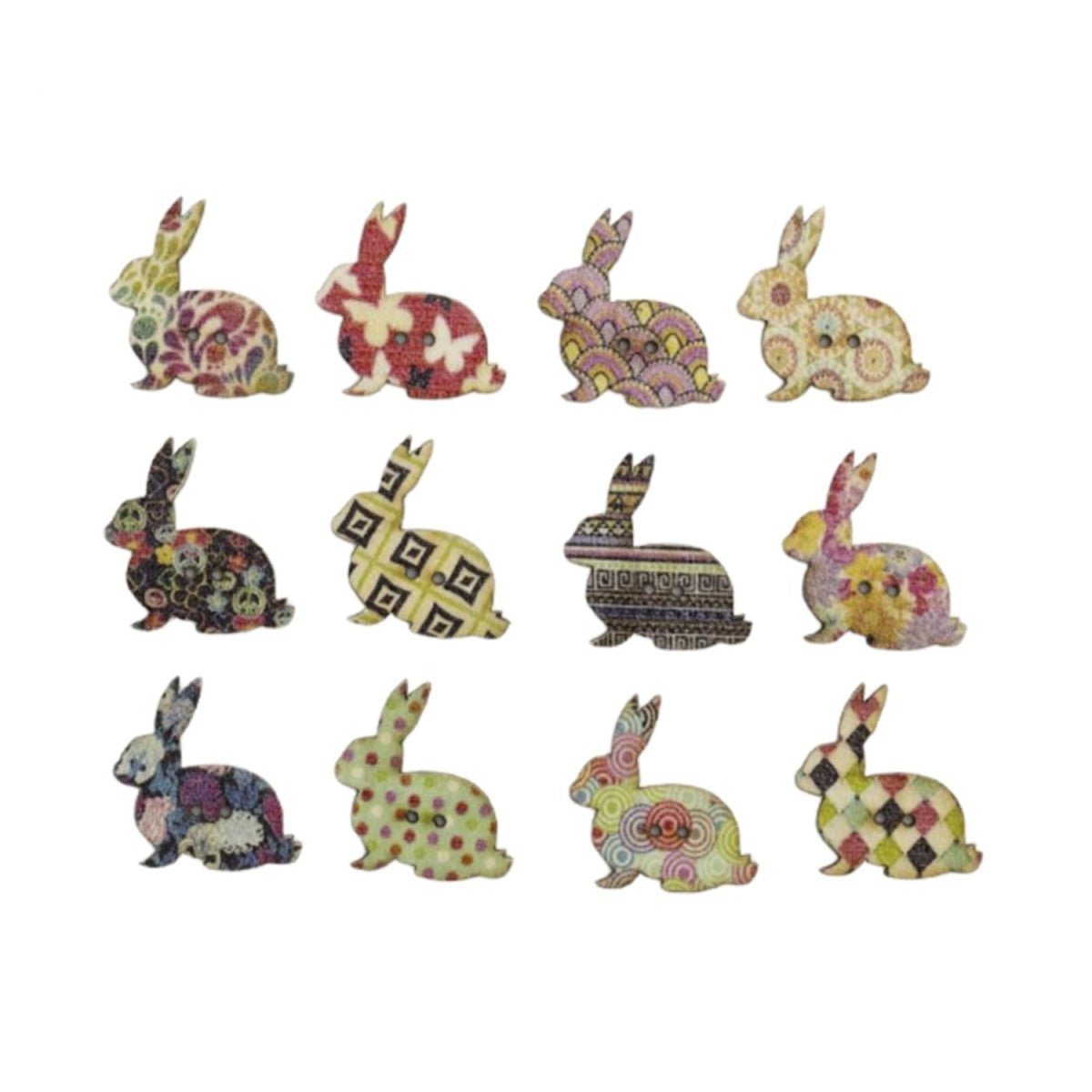 30 Technicolour Rabbit Buttons 2-Hole Mixed 31×30 mm