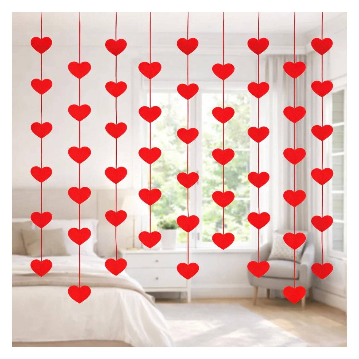 3m Garland of 16 Felt Hearts 5.5cm – Red heart-shaped decorations hanging in a bedroom