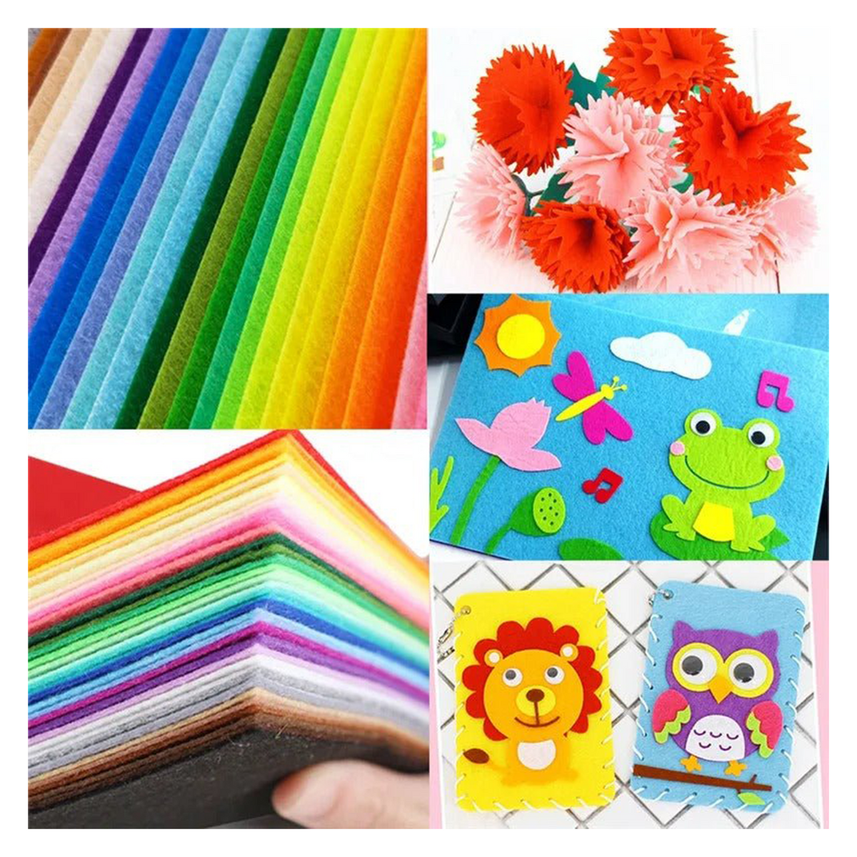 40pcs Felt Square Sheets 10x10cm Nonwoven Fabric – Collage of colorful felt sheets and craft projects with flowers and animal designs.