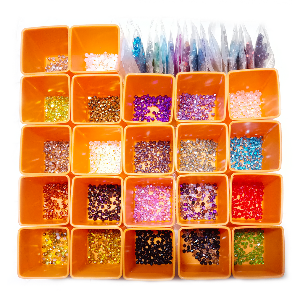 4200pcs 42 Packets 100pcs ea 4mm Bicone Beads Mixed Colours Set – Orange container with compartments filled with various colored beads and sequins on a white background