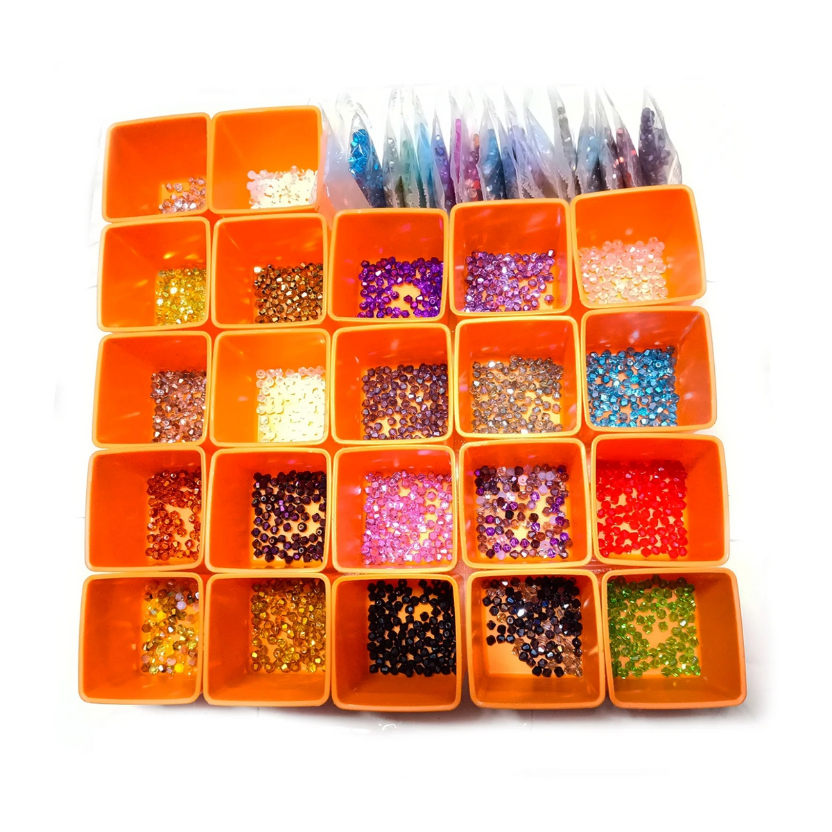 4200pcs 42 Packets 100pcs ea 4mm Bicone Beads Mixed Colours Set – Orange container with compartments filled with various colored beads and sequins on a white background