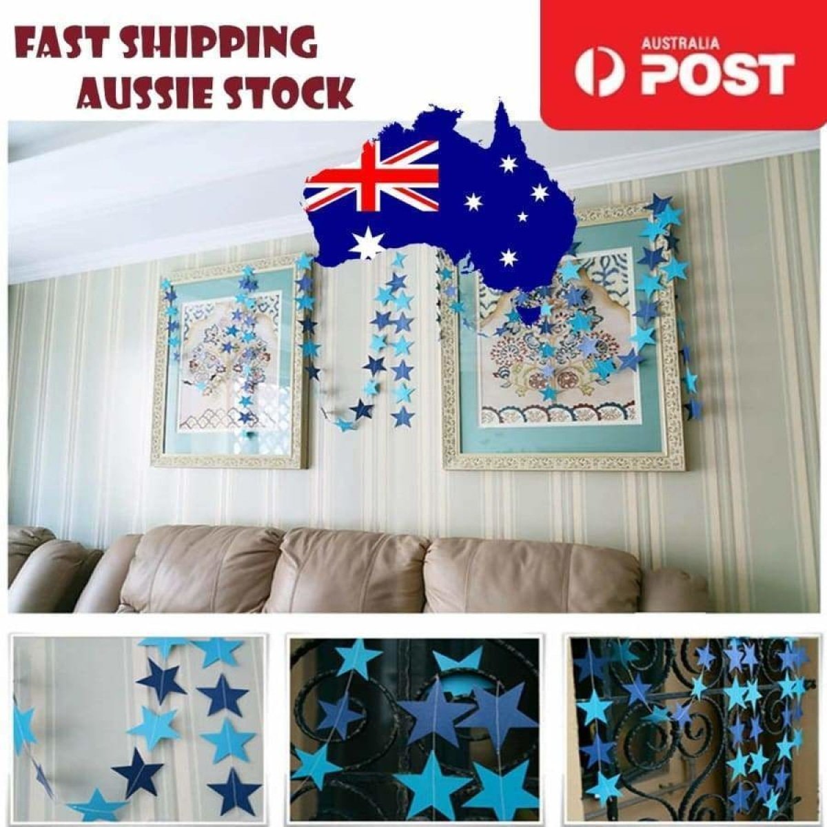4m 6.8cm Blue Stars Garland for Parties and Christmas