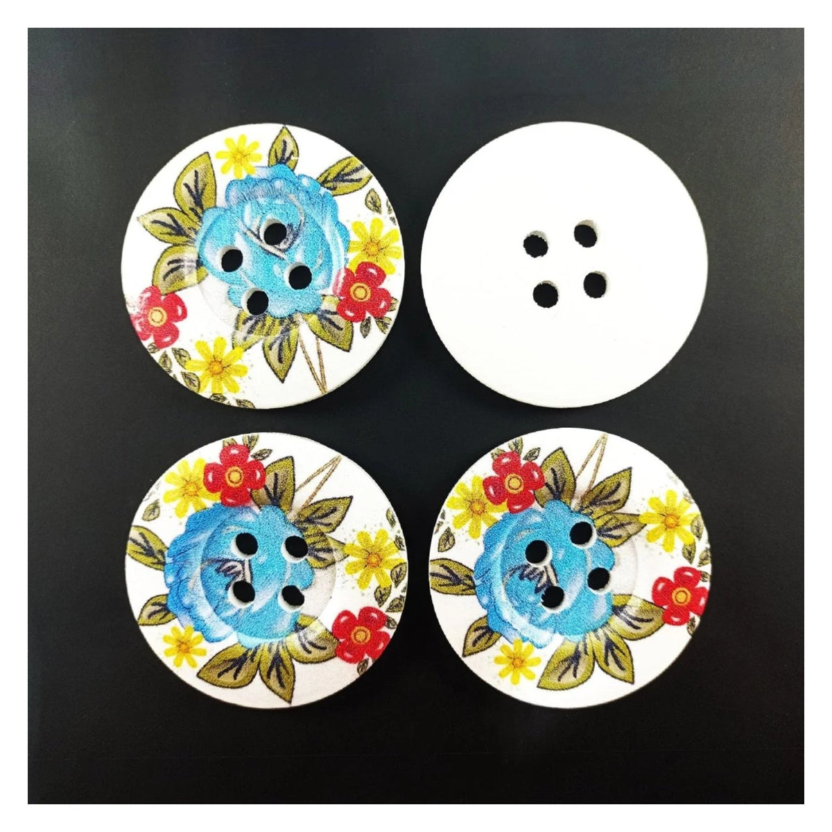 4pcs 50mm Painted Wooden Buttons – 11. Blue Flowers