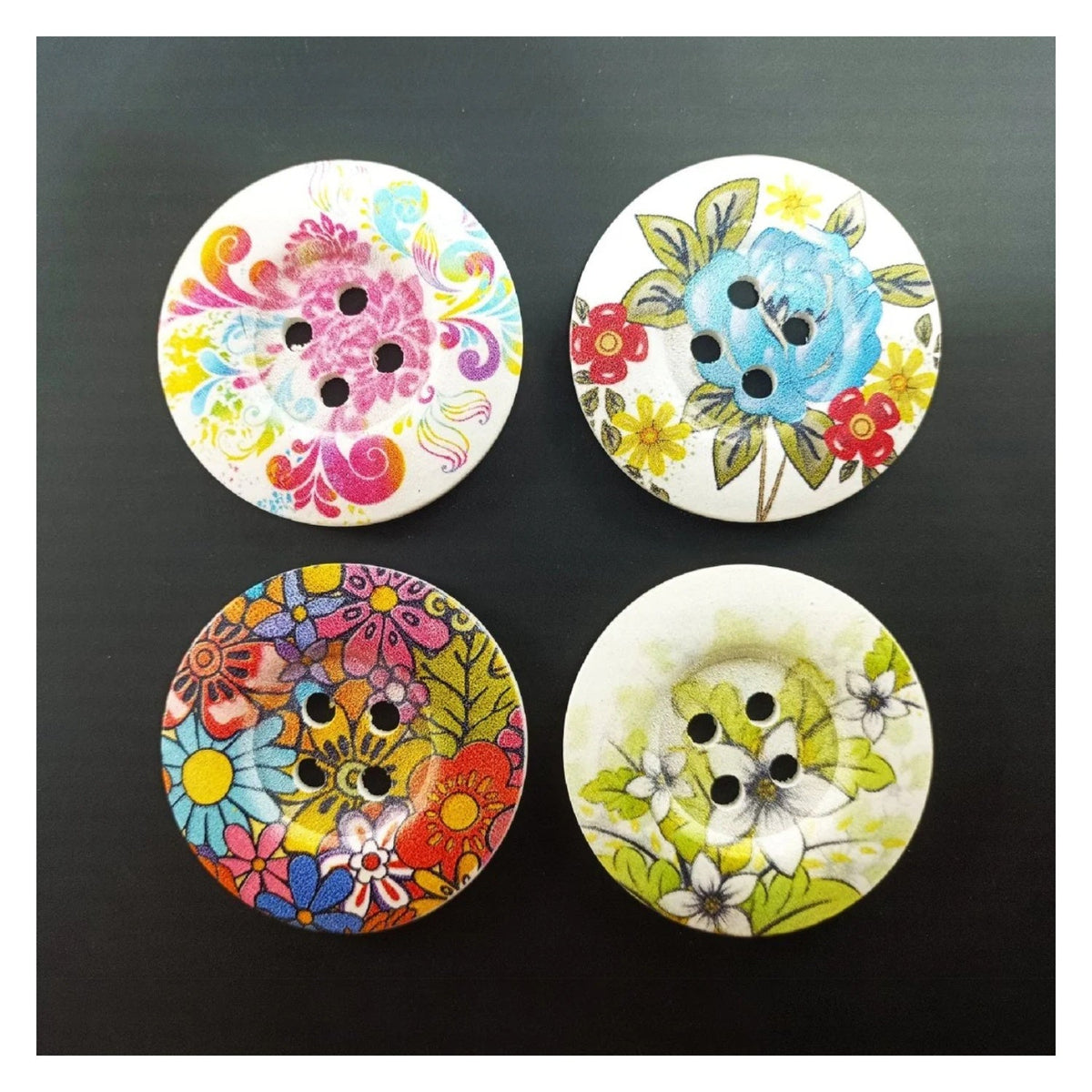 4pcs 50mm Painted Wooden Buttons – 13. Mixed Flowers