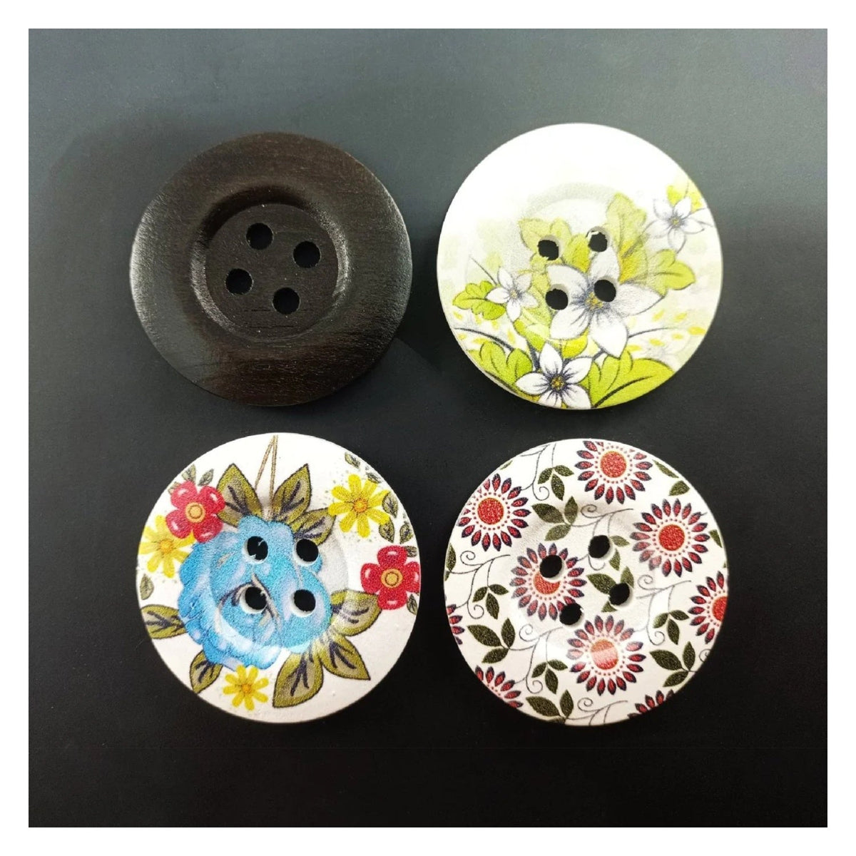 4pcs 50mm Painted Wooden Buttons – 14. Mixed Flowers Solid Brown