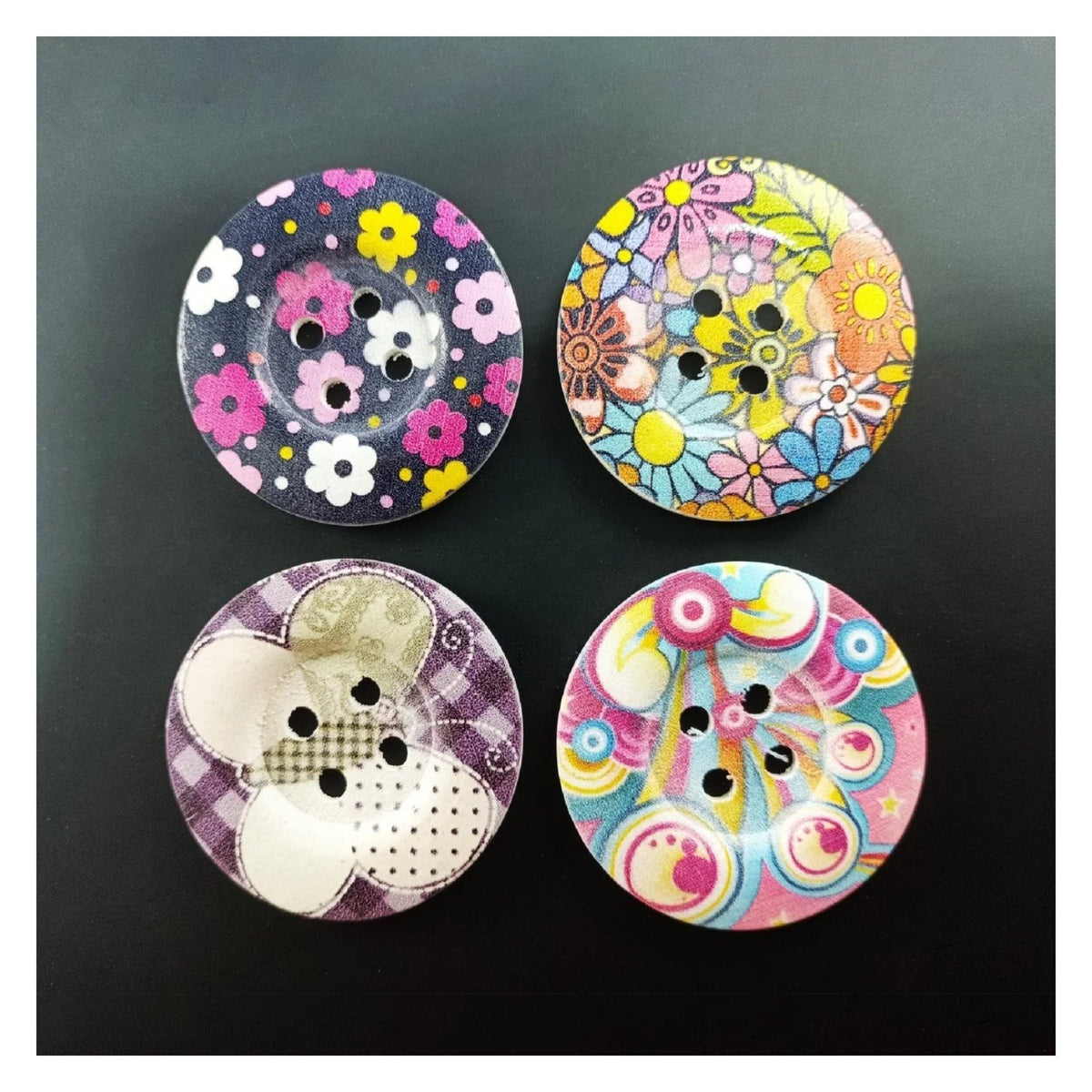 4pcs 50mm Painted Wooden Buttons – 18. Flowers and Butterflies