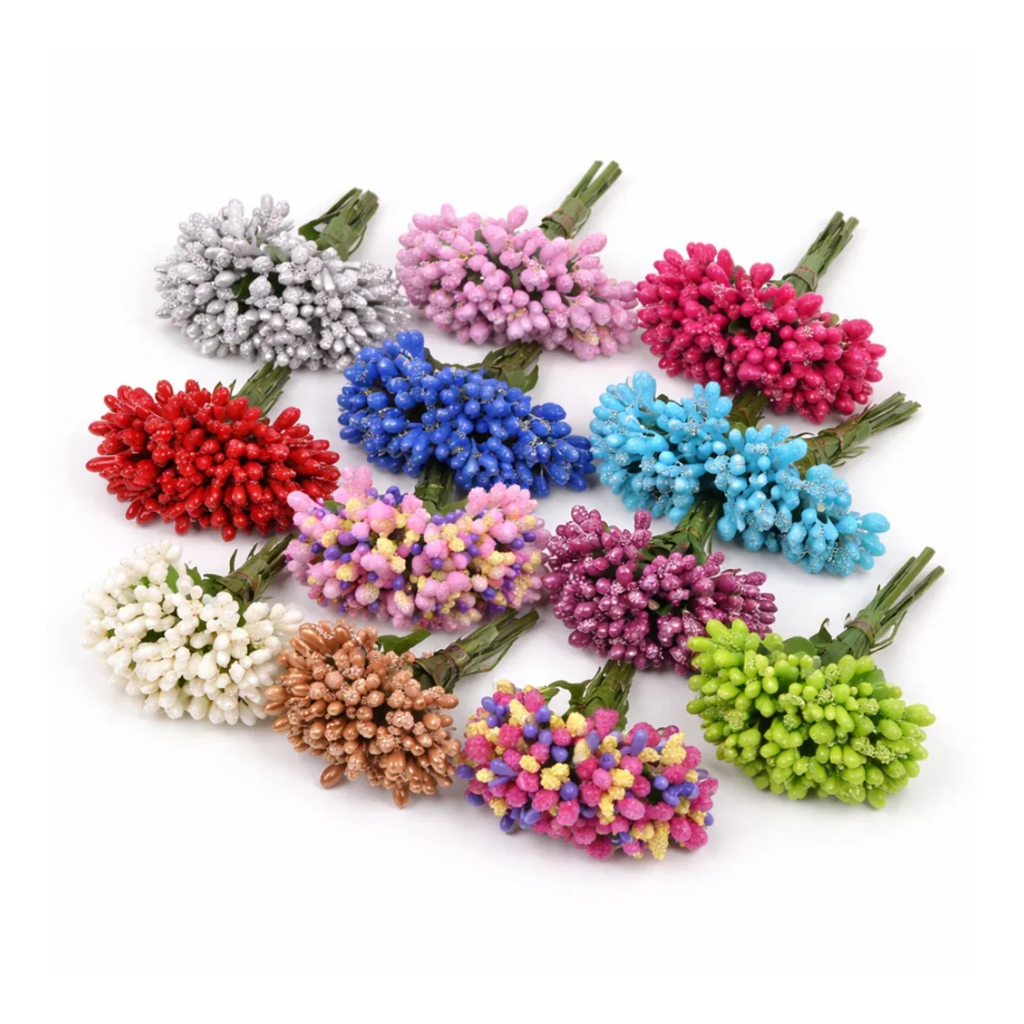 Artificial Flowers Wedding Mulberry Stamen Leaves – 4pcs – Assorted colorful artificial mulberry flowers on a white background