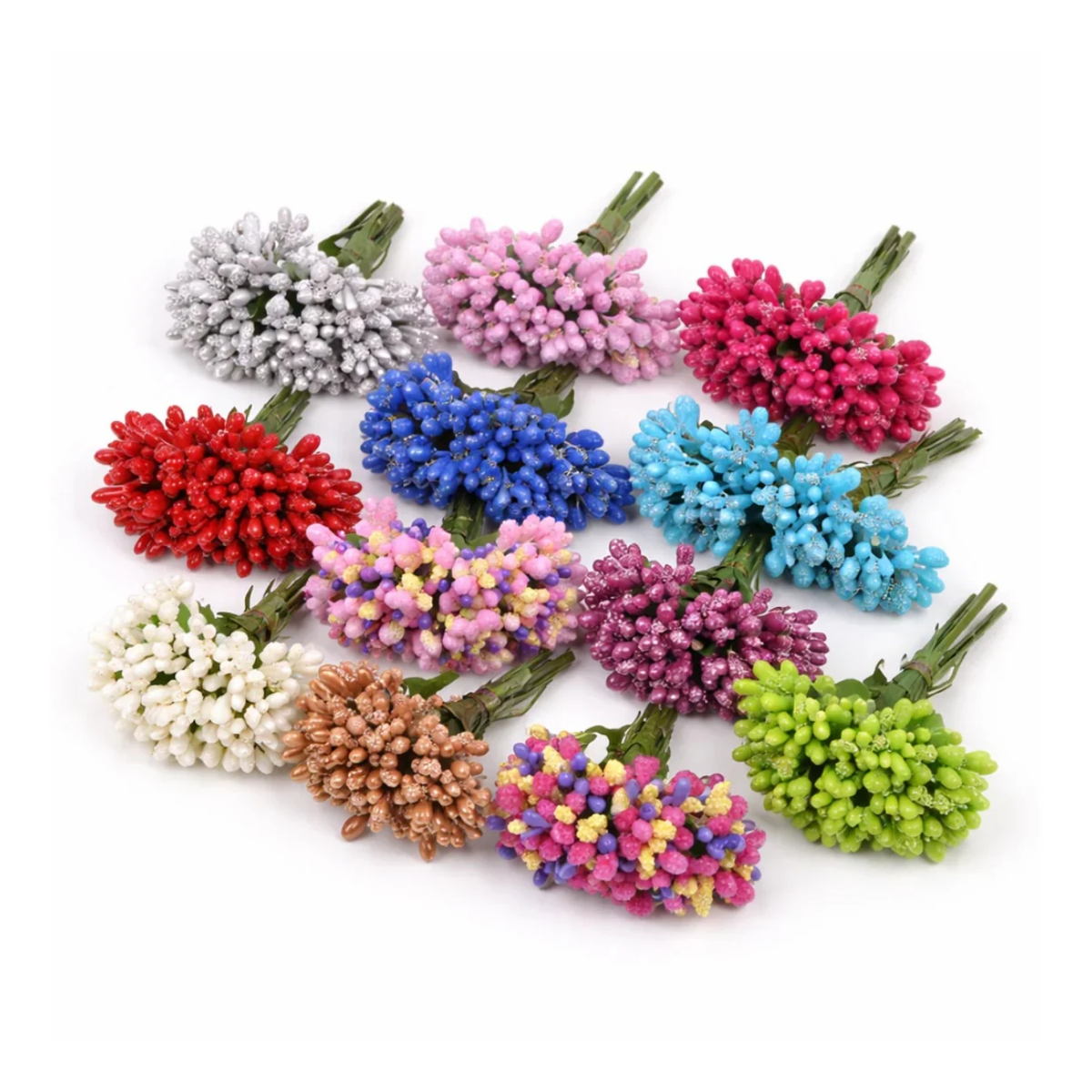 Artificial Flowers Wedding Mulberry Stamen Leaves – 4pcs – Assorted colorful artificial mulberry flowers on a white background