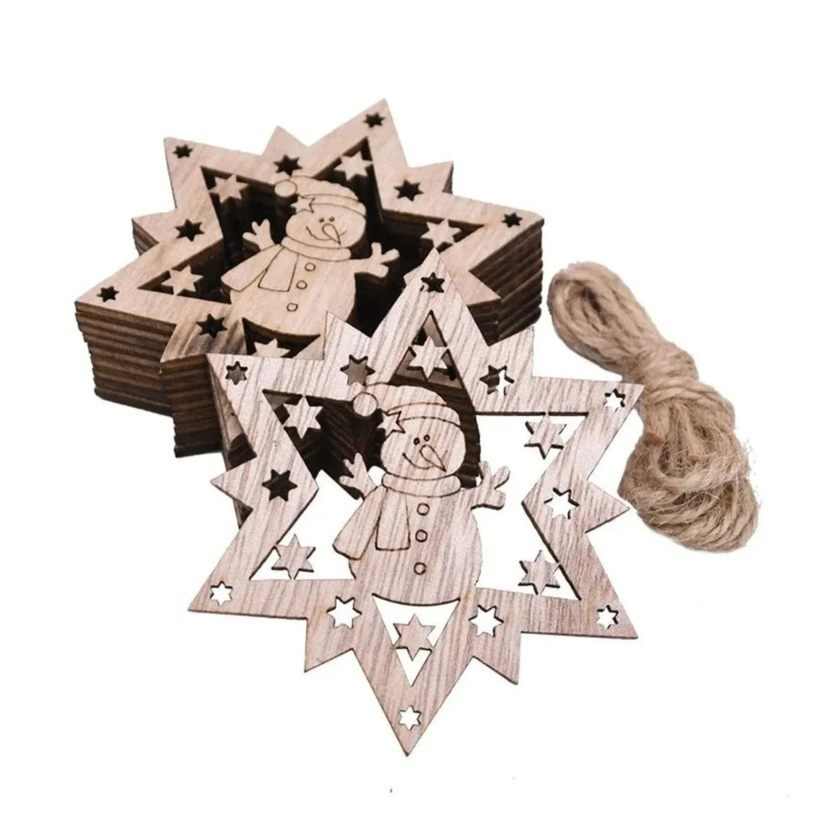 Christmas Wooden Pendant Hanging Ornament with String – 5pcs Snowman Star, 5pcs Christmas Star