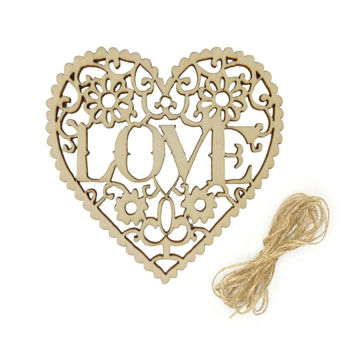 Wooden Heart Laser Cut Forms 80mm with Jute Twine – 5pcs Natural